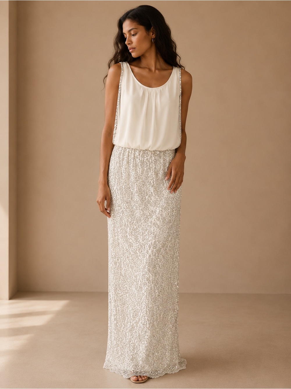 Aiden Mattox Elegant Cream Sequin Maxi Skirt